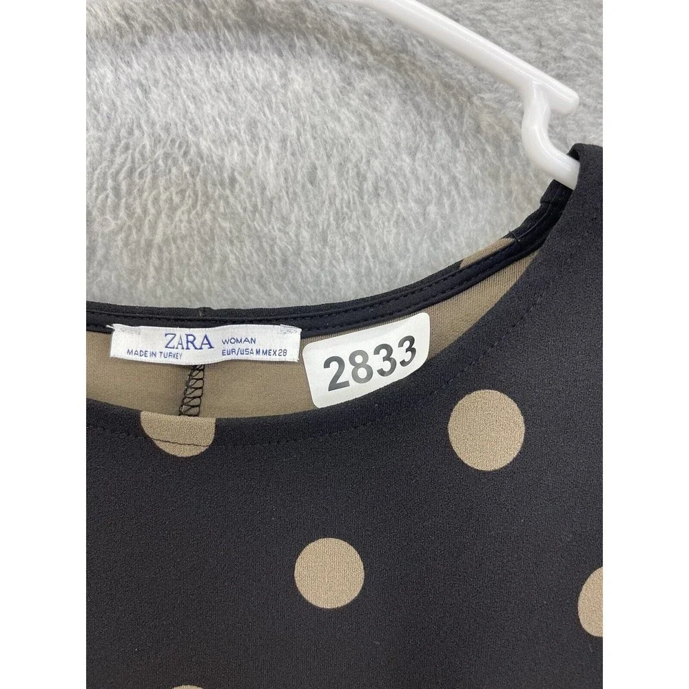 ZARA Women's Blouse Short Sleeve Polka Dot Peplum Black Brown Size Medium - Picture 8 of 8